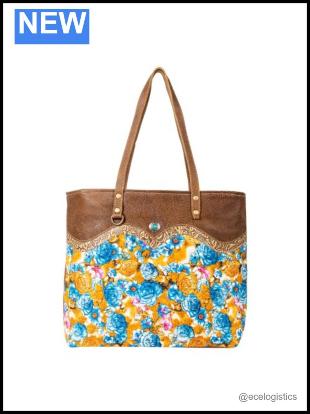 Upcycled Canvas Leather Tote Shoulder Bag Hand-tooled Floral